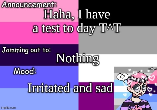 Haha, I have a test to day T^T; Nothing; Irritated and sad | image tagged in trans_boy-ish's announcement template | made w/ Imgflip meme maker