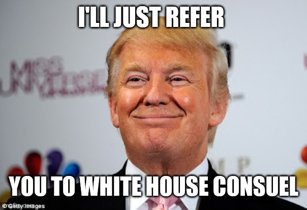 Donald trump approves | I'LL JUST REFER YOU TO WHITE HOUSE CONSUEL | image tagged in donald trump approves | made w/ Imgflip meme maker
