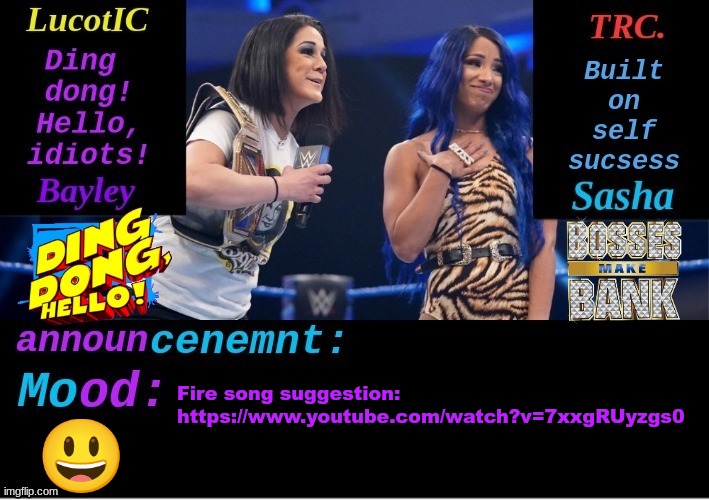 Gave this link to Kit in memechat so mind as well share it here too. | Fire song suggestion:
https://www.youtube.com/watch?v=7xxgRUyzgs0; 😃 | image tagged in lucotic and trc boss 'n' hug connection duo announcement temp | made w/ Imgflip meme maker