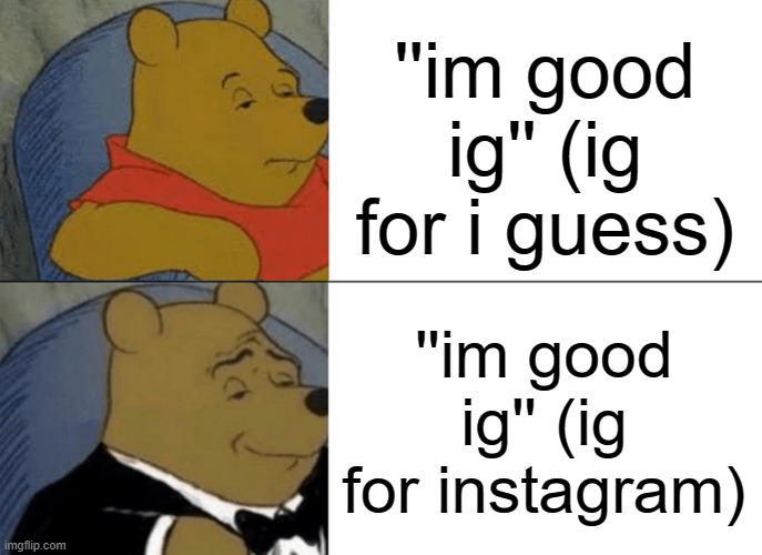 E | ''im good ig'' (ig for i guess); ''im good ig'' (ig for instagram) | image tagged in memes,tuxedo winnie the pooh,instagram | made w/ Imgflip meme maker