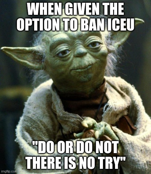 TRUTH | WHEN GIVEN THE OPTION TO BAN ICEU; "DO OR DO NOT THERE IS NO TRY" | image tagged in memes,star wars yoda | made w/ Imgflip meme maker