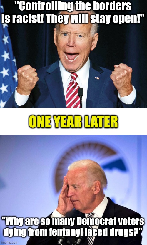 Cause and effect seems to be a REAL tough topic for liberals... | "Controlling the borders is racist! They will stay open!"; ONE YEAR LATER; "Why are so many Democrat voters dying from fentanyl laced drugs?" | image tagged in crazy joe biden,drugs,border,gangs,reality check,liberal hypocrisy | made w/ Imgflip meme maker