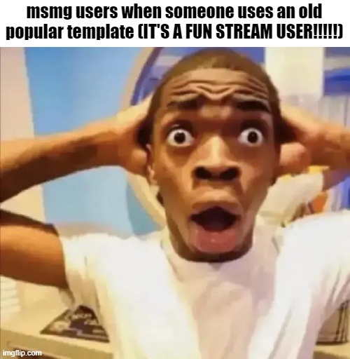 Black Guy Shocked | msmg users when someone uses an old popular template (IT'S A FUN STREAM USER!!!!!) | image tagged in black guy shocked | made w/ Imgflip meme maker