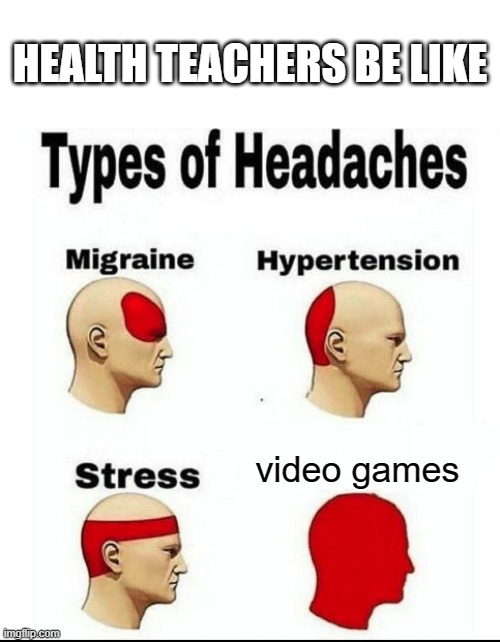 Types of Headaches meme | HEALTH TEACHERS BE LIKE; video games | image tagged in types of headaches meme | made w/ Imgflip meme maker