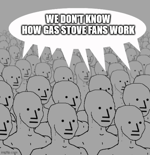npc-crowd | WE DON'T KNOW HOW GAS STOVE FANS WORK | image tagged in npc-crowd | made w/ Imgflip meme maker