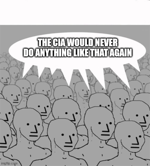 NPCProgramScreed | THE CIA WOULD NEVER DO ANYTHING LIKE THAT AGAIN | image tagged in npcprogramscreed | made w/ Imgflip meme maker