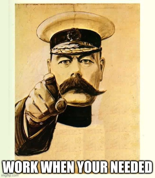 Your Country Needs You | WORK WHEN YOUR NEEDED | image tagged in your country needs you | made w/ Imgflip meme maker