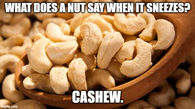 Daily Bad Dad Joke 01/30/2022 | WHAT DOES A NUT SAY WHEN IT SNEEZES? CASHEW. | image tagged in cashew | made w/ Imgflip meme maker
