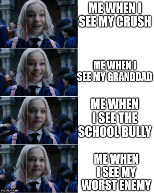 happy to disgusting | ME WHEN I SEE MY CRUSH; ME WHEN I SEE MY GRANDDAD; ME WHEN I SEE THE SCHOOL BULLY; ME WHEN I SEE MY WORST ENEMY | image tagged in happy to disgusting | made w/ Imgflip meme maker