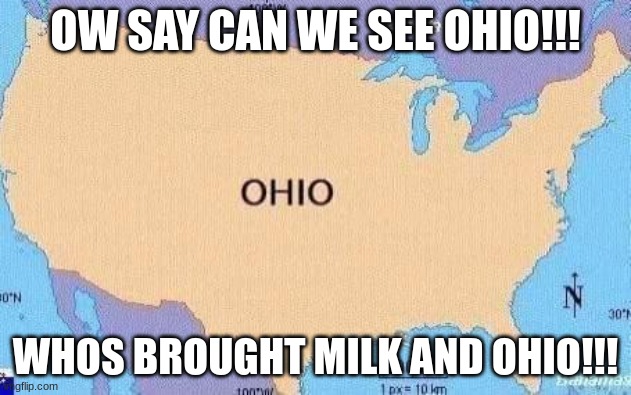 ohio pledge | OW SAY CAN WE SEE OHIO!!! WHOS BROUGHT MILK AND OHIO!!! | image tagged in ohio,funny | made w/ Imgflip meme maker