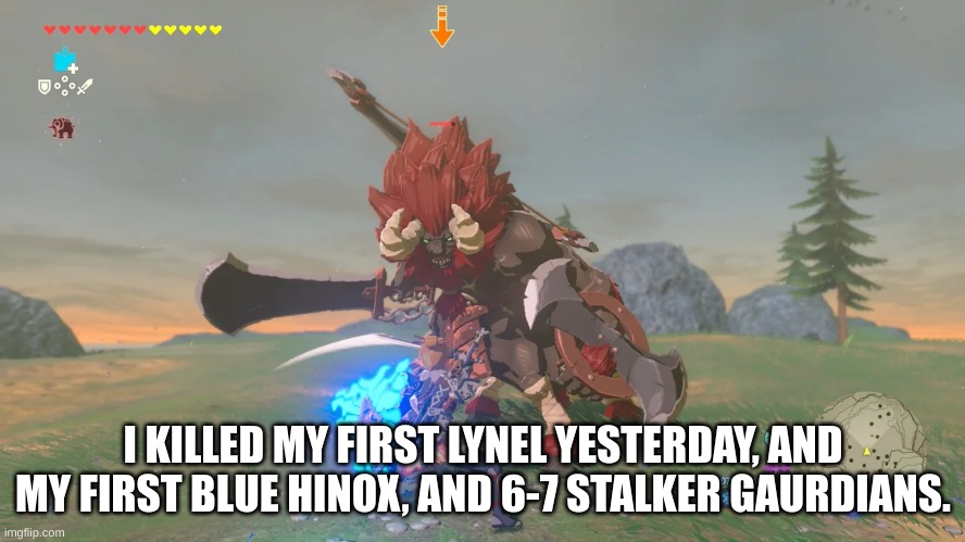 I also cheesed the master sword, at six hearts | I KILLED MY FIRST LYNEL YESTERDAY, AND MY FIRST BLUE HINOX, AND 6-7 STALKER GAURDIANS. | image tagged in botw | made w/ Imgflip meme maker