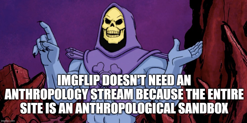 Skeletor making a point | IMGFLIP DOESN'T NEED AN ANTHROPOLOGY STREAM BECAUSE THE ENTIRE SITE IS AN ANTHROPOLOGICAL SANDBOX | image tagged in skeletor making a point | made w/ Imgflip meme maker