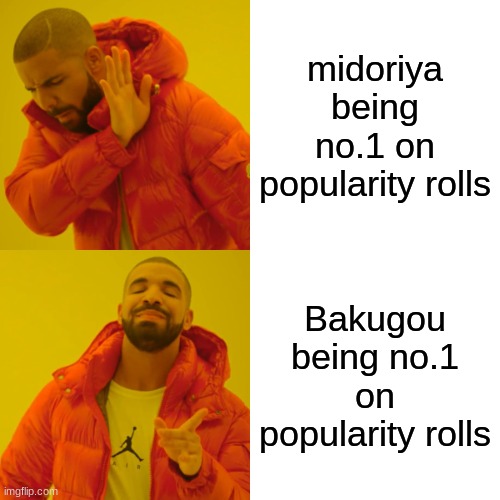 How is deku not no.1 in his own series lmao | midoriya being no.1 on popularity rolls; Bakugou being no.1 on popularity rolls | image tagged in memes,drake hotline bling | made w/ Imgflip meme maker