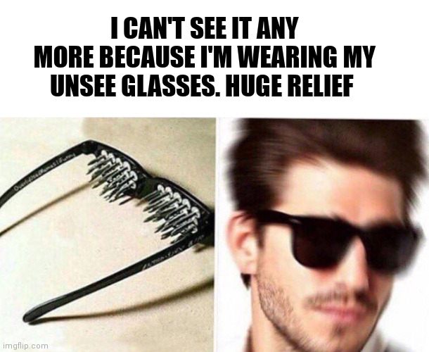 unsee glasses | I CAN'T SEE IT ANY MORE BECAUSE I'M WEARING MY UNSEE GLASSES. HUGE RELIEF | image tagged in unsee glasses | made w/ Imgflip meme maker