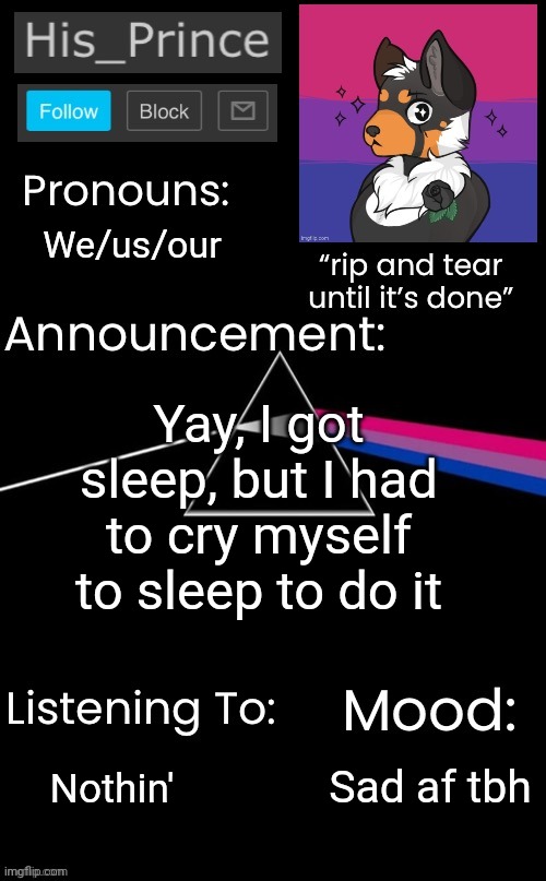 We/us/our; Yay, I got sleep, but I had to cry myself to sleep to do it; Sad af tbh; Nothin' | image tagged in his_prince s announcement temp | made w/ Imgflip meme maker