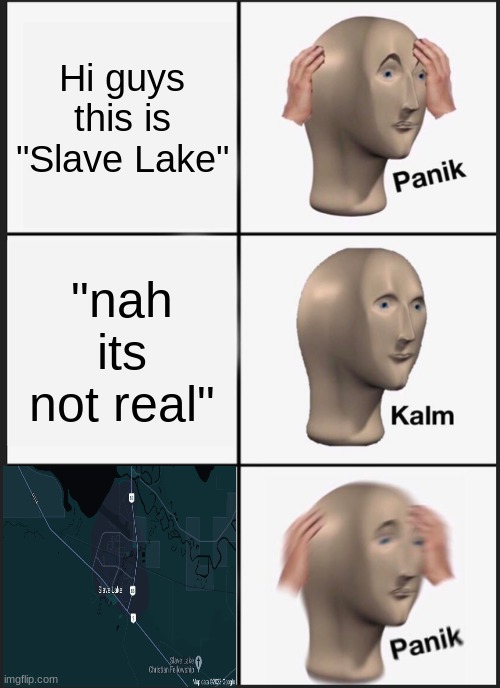 its actually real | Hi guys this is "Slave Lake"; "nah its not real" | image tagged in memes,panik kalm panik | made w/ Imgflip meme maker