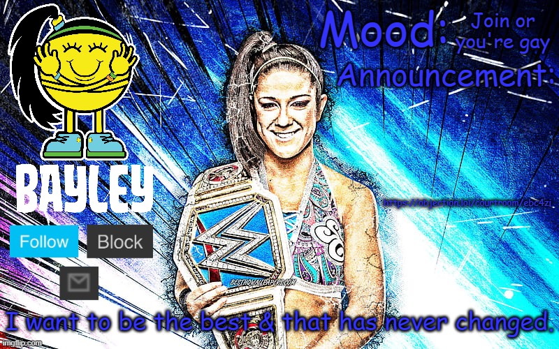 https://objection.lol/courtroom/ebc4zi | Join or you're gay; https://objection.lol/courtroom/ebc4zi | image tagged in bayley face announcement temp v2 | made w/ Imgflip meme maker