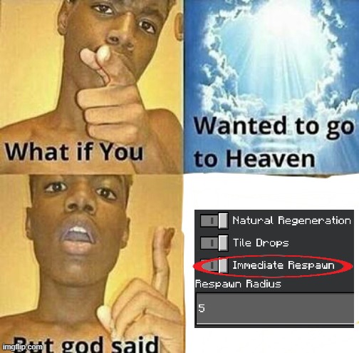 immediate respawn: on | image tagged in what if you wanted to go to heaven,minecraft | made w/ Imgflip meme maker