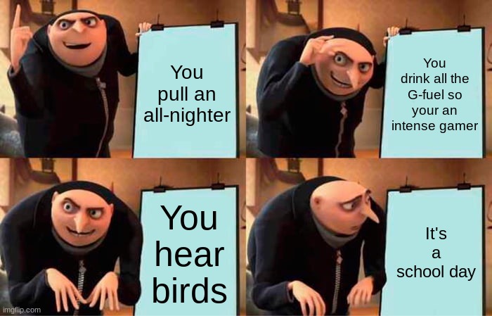 Nights with the boys | You pull an all-nighter; You drink all the G-fuel so your an intense gamer; You hear birds; It's a school day | image tagged in memes,gru's plan | made w/ Imgflip meme maker