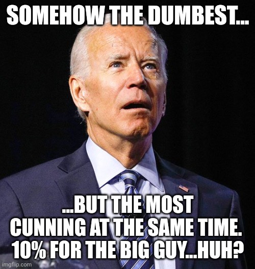 Joe Biden | SOMEHOW THE DUMBEST... ...BUT THE MOST CUNNING AT THE SAME TIME.  10% FOR THE BIG GUY...HUH? | image tagged in joe biden | made w/ Imgflip meme maker