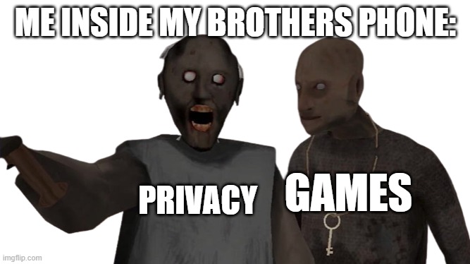 when youre in someones phone | ME INSIDE MY BROTHERS PHONE:; PRIVACY; GAMES | image tagged in phone,granny | made w/ Imgflip meme maker
