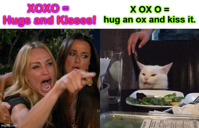 Woman Yelling At Cat Meme | XOXO = 
Hugs and Kisses! X OX O =
hug an ox and kiss it. | image tagged in memes,woman yelling at cat | made w/ Imgflip meme maker