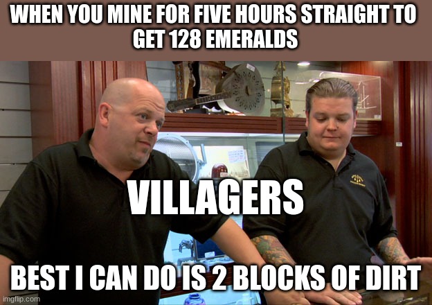 Pawn Stars Best I Can Do | WHEN YOU MINE FOR FIVE HOURS STRAIGHT TO 
GET 128 EMERALDS; VILLAGERS; BEST I CAN DO IS 2 BLOCKS OF DIRT | image tagged in pawn stars best i can do | made w/ Imgflip meme maker