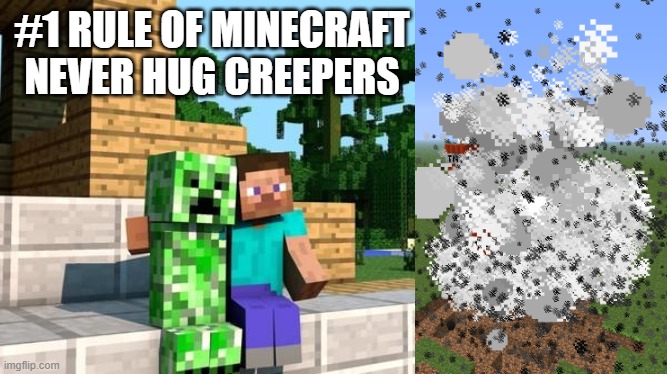 minecraft friendship | #1 RULE OF MINECRAFT
NEVER HUG CREEPERS | image tagged in minecraft friendship | made w/ Imgflip meme maker