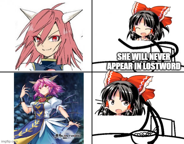 Kasen arm lostword | SHE WILL NEVER APPEAR IN LOSTWORD | image tagged in blank cereal guy | made w/ Imgflip meme maker