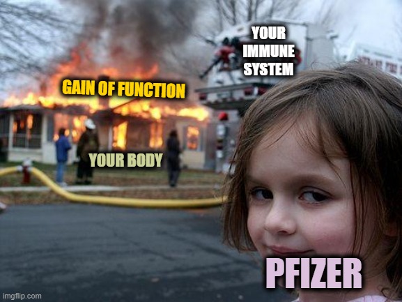 Project Veritas Expose: In a Nutshell | YOUR IMMUNE SYSTEM; GAIN OF FUNCTION; YOUR BODY; PFIZER | image tagged in memes,disaster girl | made w/ Imgflip meme maker