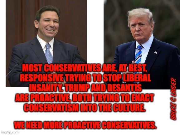 De Santis / Trump | MOST CONSERVATIVES ARE, AT BEST, 
RESPONSIVE TRYING TO STOP LIBERAL
 INSANITY. TRUMP AND DESANTIS 
ARE PROACTIVE, BOTH TRYING TO ENACT 
CONSERVATISM INTO THE CULTURE. BRUCE C LINDER; WE NEED MORE PROACTIVE CONSERVATIVES. | image tagged in proactive,conservative ideas,trump,de santis | made w/ Imgflip meme maker