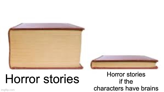 So true | Horror stories if the characters have brains; Horror stories | image tagged in big book small book,horror,memes | made w/ Imgflip meme maker