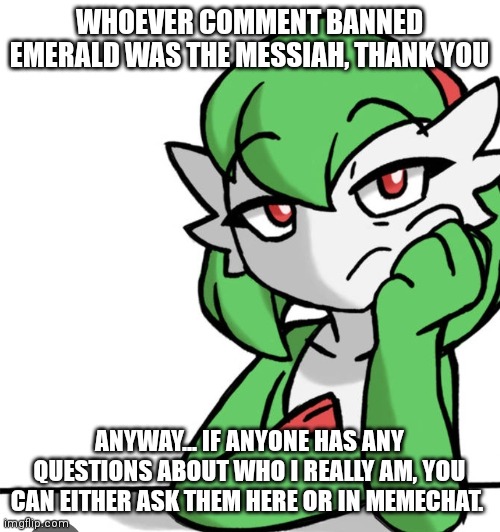 Bored asf | WHOEVER COMMENT BANNED EMERALD WAS THE MESSIAH, THANK YOU; ANYWAY... IF ANYONE HAS ANY QUESTIONS ABOUT WHO I REALLY AM, YOU CAN EITHER ASK THEM HERE OR IN MEMECHAT. | image tagged in bored asf | made w/ Imgflip meme maker