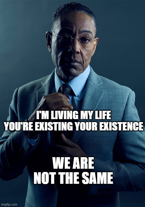 Gus Fring we are not the same | I'M LIVING MY LIFE
YOU'RE EXISTING YOUR EXISTENCE; WE ARE NOT THE SAME | image tagged in gus fring we are not the same | made w/ Imgflip meme maker