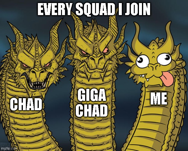 Squad chads | EVERY SQUAD I JOIN; GIGA
CHAD; ME; CHAD | image tagged in three-headed dragon,squad,squads,chad,giga chad,noob | made w/ Imgflip meme maker
