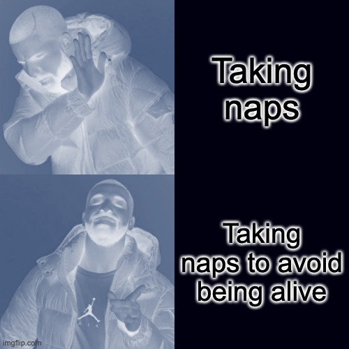 Drake Hotline Bling | Taking naps; Taking naps to avoid being alive | image tagged in memes,drake hotline bling | made w/ Imgflip meme maker