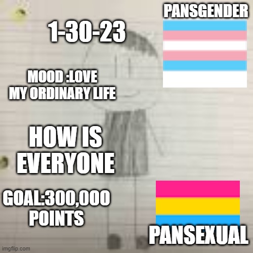 daily announcements | 1-30-23; PANSGENDER; MOOD :LOVE MY ORDINARY LIFE; HOW IS EVERYONE; GOAL:300,0OO POINTS; PANSEXUAL | image tagged in pokechimp | made w/ Imgflip meme maker