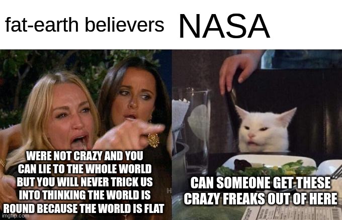 flat earthers be like | fat-earth believers; NASA; WERE NOT CRAZY AND YOU CAN LIE TO THE WHOLE WORLD BUT YOU WILL NEVER TRICK US INTO THINKING THE WORLD IS ROUND BECAUSE THE WORLD IS FLAT; CAN SOMEONE GET THESE CRAZY FREAKS OUT OF HERE | image tagged in memes,woman yelling at cat | made w/ Imgflip meme maker