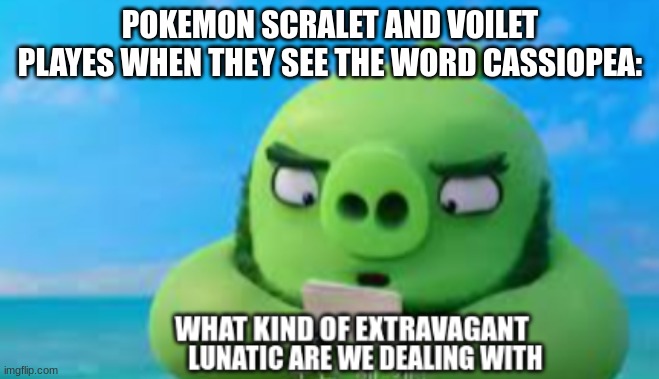 ... | POKEMON SCRALET AND VOILET PLAYES WHEN THEY SEE THE WORD CASSIOPEA: | image tagged in extravagant lunatic | made w/ Imgflip meme maker