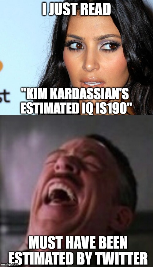 The internet thinks Kim Kardassian is a super genius | I JUST READ; "KIM KARDASSIAN'S 
ESTIMATED IQ IS190"; MUST HAVE BEEN ESTIMATED BY TWITTER | image tagged in kim kardassian,super genius,smartest living person,twitter polls,twitter is stupid,tiktok is stupid | made w/ Imgflip meme maker