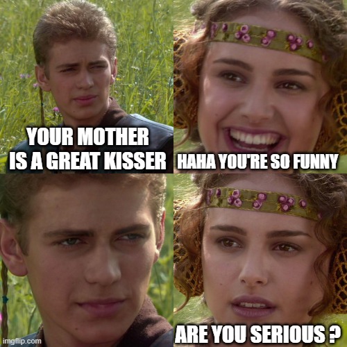 Anakin Padme 4 Panel | YOUR MOTHER IS A GREAT KISSER; HAHA YOU'RE SO FUNNY; ARE YOU SERIOUS ? | image tagged in anakin padme 4 panel | made w/ Imgflip meme maker