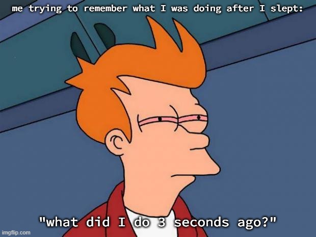 stoned fry | me trying to remember what I was doing after I slept:; "what did I do 3 seconds ago?" | image tagged in stoned fry | made w/ Imgflip meme maker