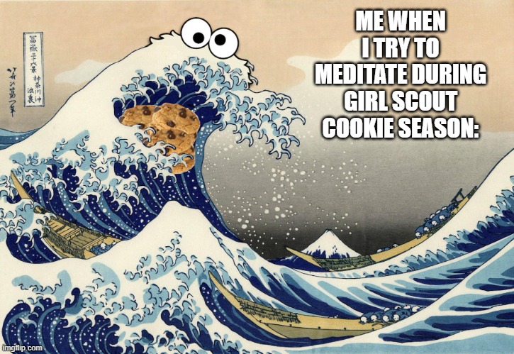 Girl Scout Cookies | ME WHEN I TRY TO MEDITATE DURING GIRL SCOUT COOKIE SEASON: | image tagged in cookie monster zen,girl scout cookies,cookie monster,meditation,cookies | made w/ Imgflip meme maker