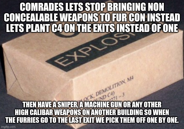 Better plan than just shooting up the place | COMRADES LETS STOP BRINGING NON CONCEALABLE WEAPONS TO FUR CON INSTEAD LETS PLANT C4 ON THE EXITS INSTEAD OF ONE; THEN HAVE A SNIPER, A MACHINE GUN OR ANY OTHER HIGH CALIBAR WEAPONS ON ANOTHER BUILDING SO WHEN THE FURRIES GO TO THE LAST EXIT WE PICK THEM OFF ONE BY ONE. | image tagged in c4,aftf,plan | made w/ Imgflip meme maker
