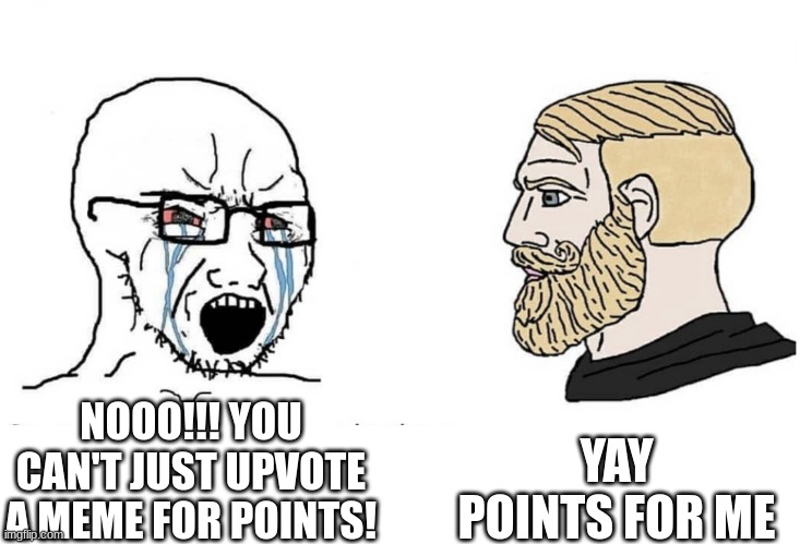 Soyboy Vs Yes Chad | YAY POINTS FOR ME; NOOO!!! YOU CAN'T JUST UPVOTE A MEME FOR POINTS! | image tagged in soyboy vs yes chad | made w/ Imgflip meme maker