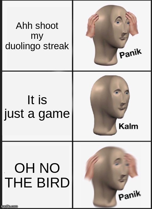 Panik Kalm Panik | Ahh shoot my duolingo streak; It is just a game; OH NO THE BIRD | image tagged in memes,panik kalm panik | made w/ Imgflip meme maker