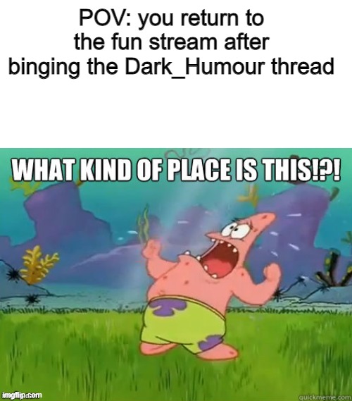 true story | POV: you return to the fun stream after binging the Dark_Humour thread | image tagged in what kind of place is this,dark humor,fun | made w/ Imgflip meme maker