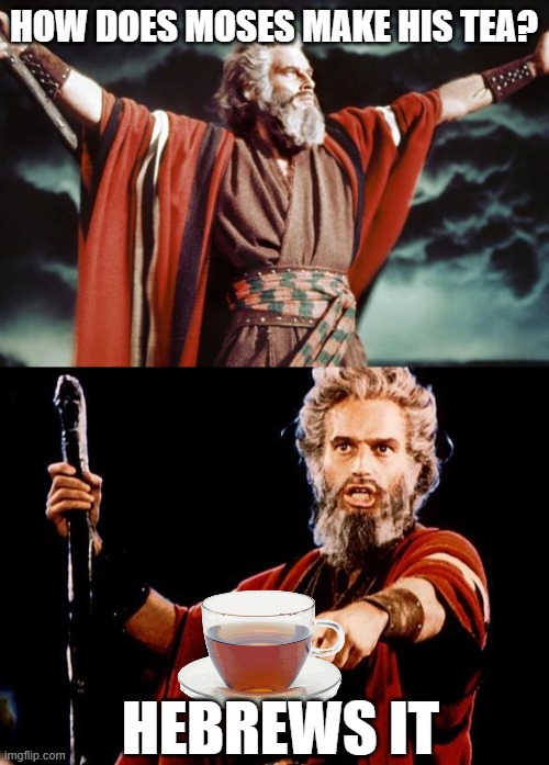 HOW DOES MOSES MAKE HIS TEA? HEBREWS IT | image tagged in punny moses,angry old moses | made w/ Imgflip meme maker