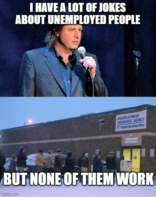 I HAVE A LOT OF JOKES ABOUT UNEMPLOYED PEOPLE; BUT NONE OF THEM WORK | image tagged in steven wright,unemployment line | made w/ Imgflip meme maker