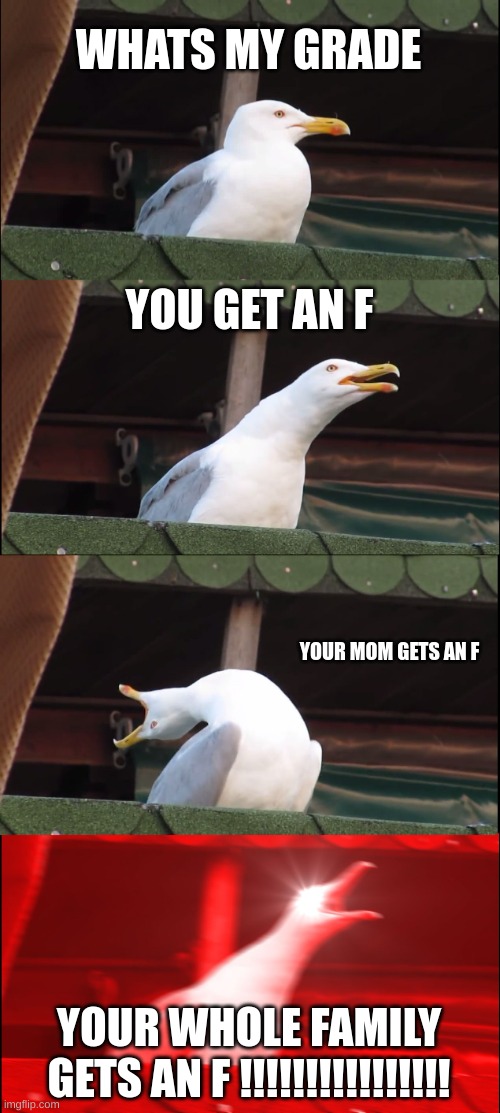 Inhaling Seagull Meme | WHATS MY GRADE; YOU GET AN F; YOUR MOM GETS AN F; YOUR WHOLE FAMILY GETS AN F !!!!!!!!!!!!!!!! | image tagged in memes,inhaling seagull | made w/ Imgflip meme maker